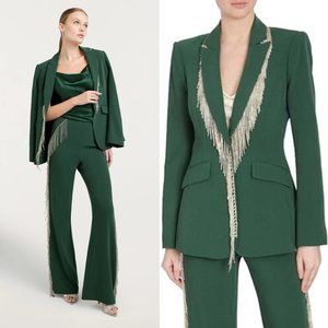 Cinq à Sept Cheyenne Blazer Jacket Rhinestone Fringe Dark Emerald Womens Sz 4